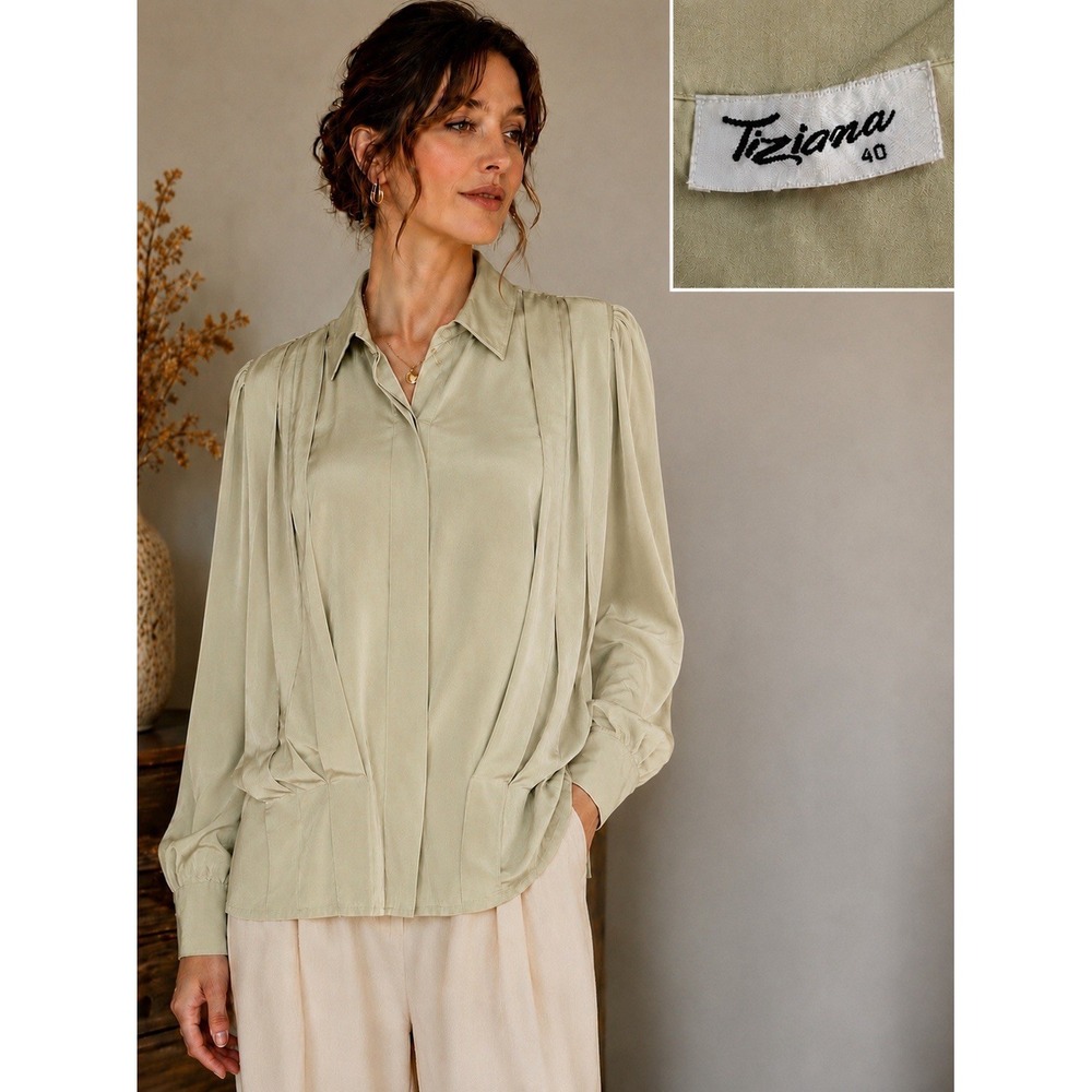 Tiziana Satin Blouse Made in West Germany Women's Pleated Long Sleeve Top EU 40